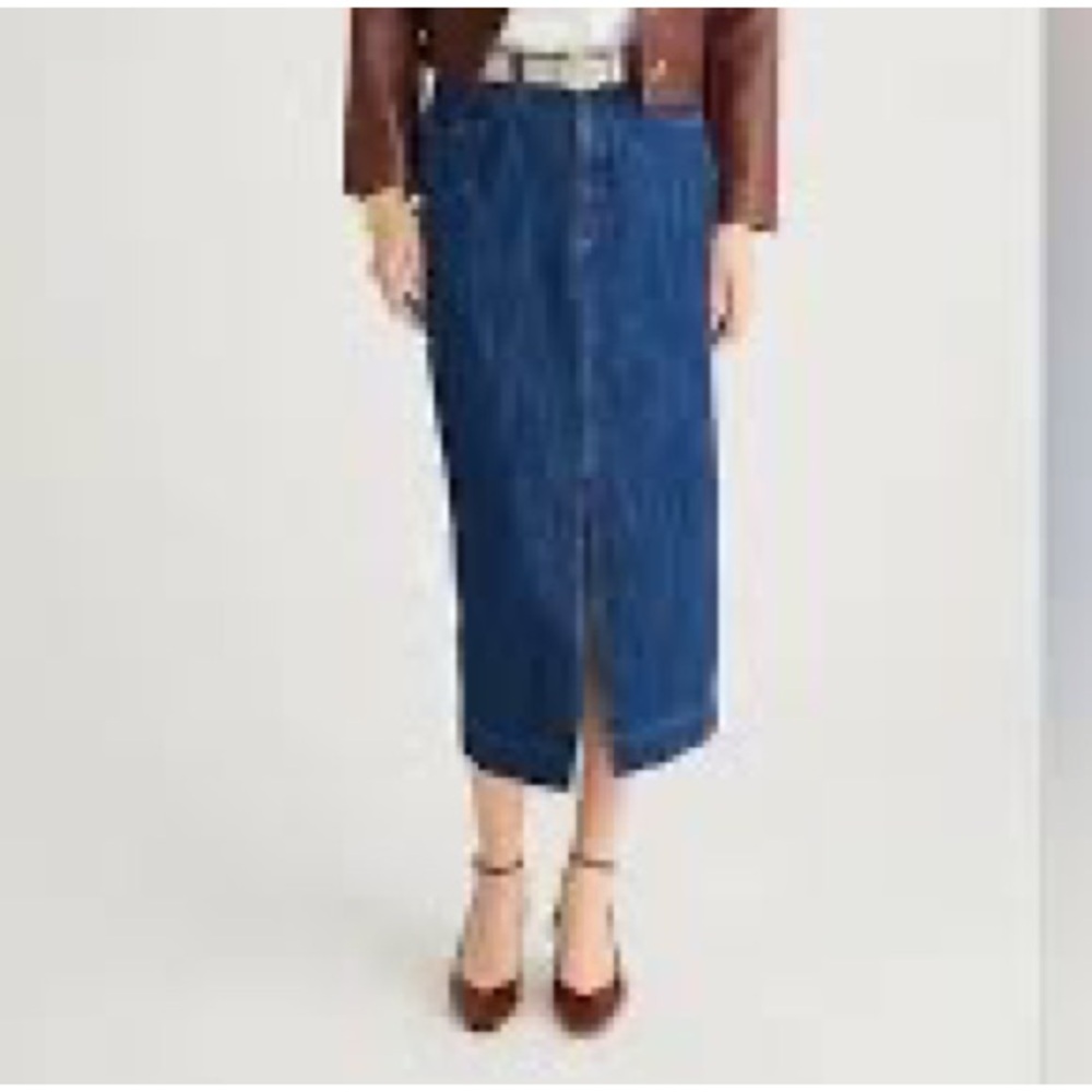 J Crew Denim midi skirt in rinse wash‎ slit front high waist blue